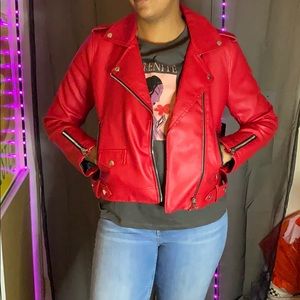 Red faux leather moto jacket